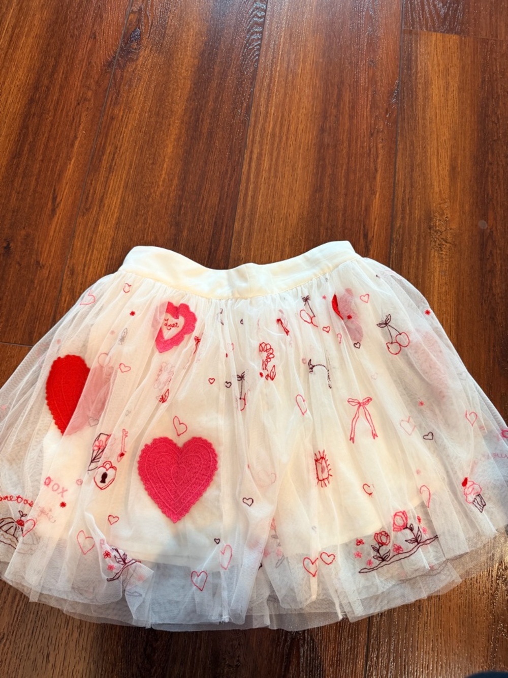 Free People White Tulle Mini Skirt with Pink & Red Heart Motifs